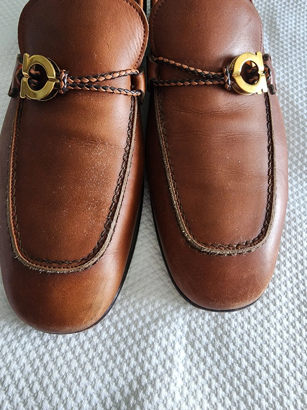 Salvatore Ferragamo Brown Leather Loafers with Gold Buckle Detail